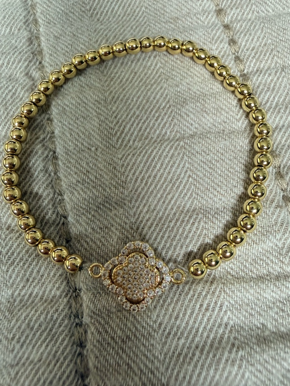 Gold Beaded Bracelet with Pave Clover Charm